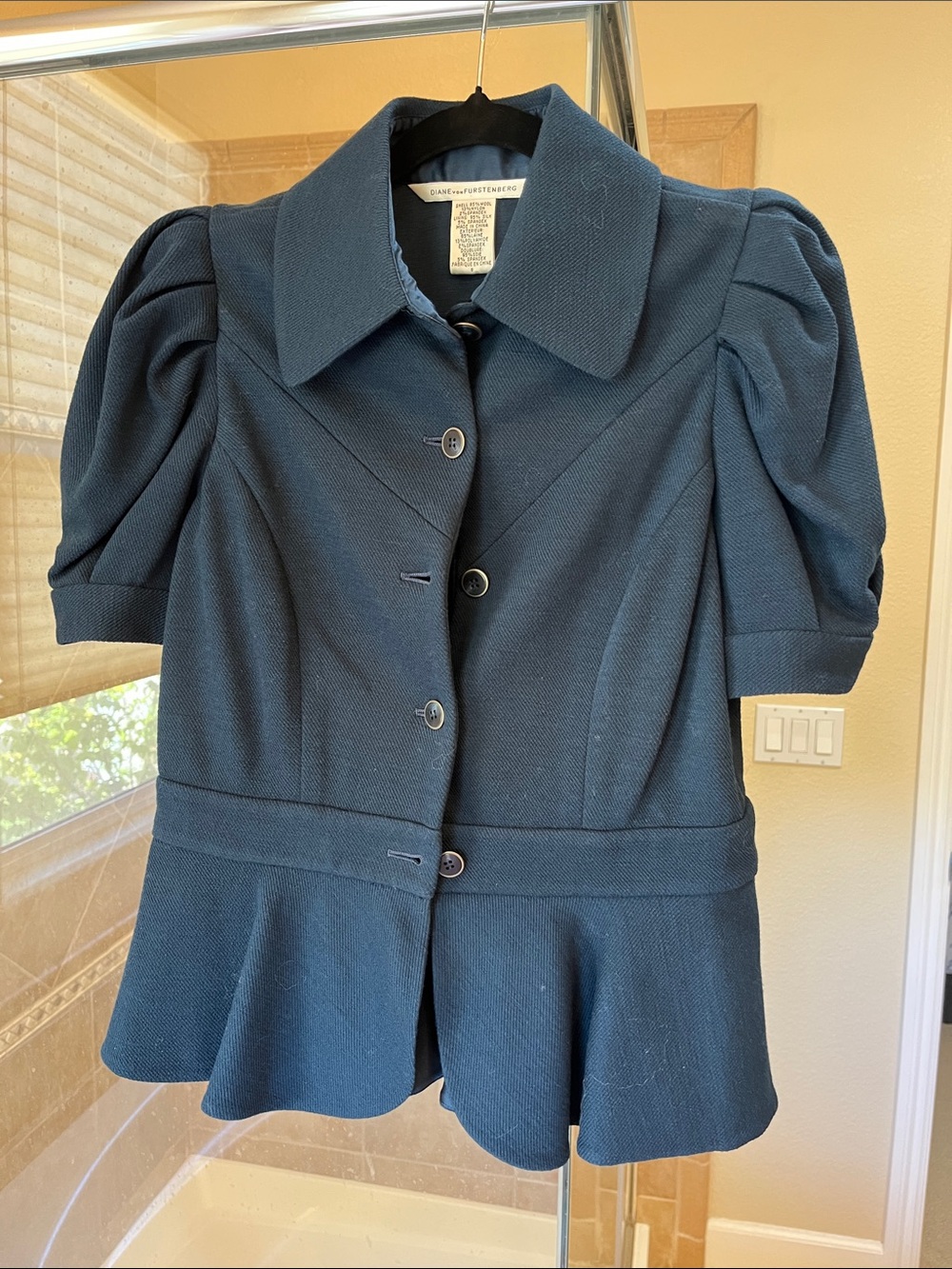 Diane Von Furstenberg Navy Textured Puff-Sleeve Peplum Blazer